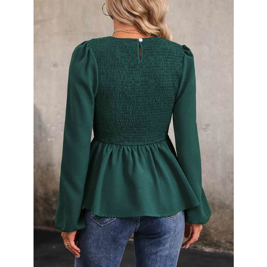 Round Neck Smocked Balloon Sleeve Top Green / S