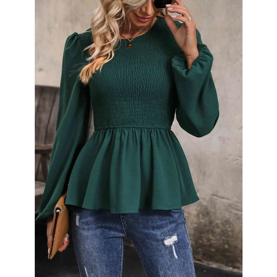 Round Neck Smocked Balloon Sleeve Top