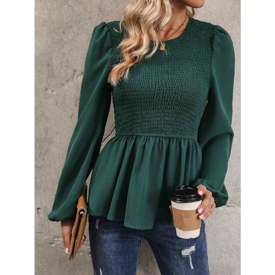 Round Neck Smocked Balloon Sleeve Top