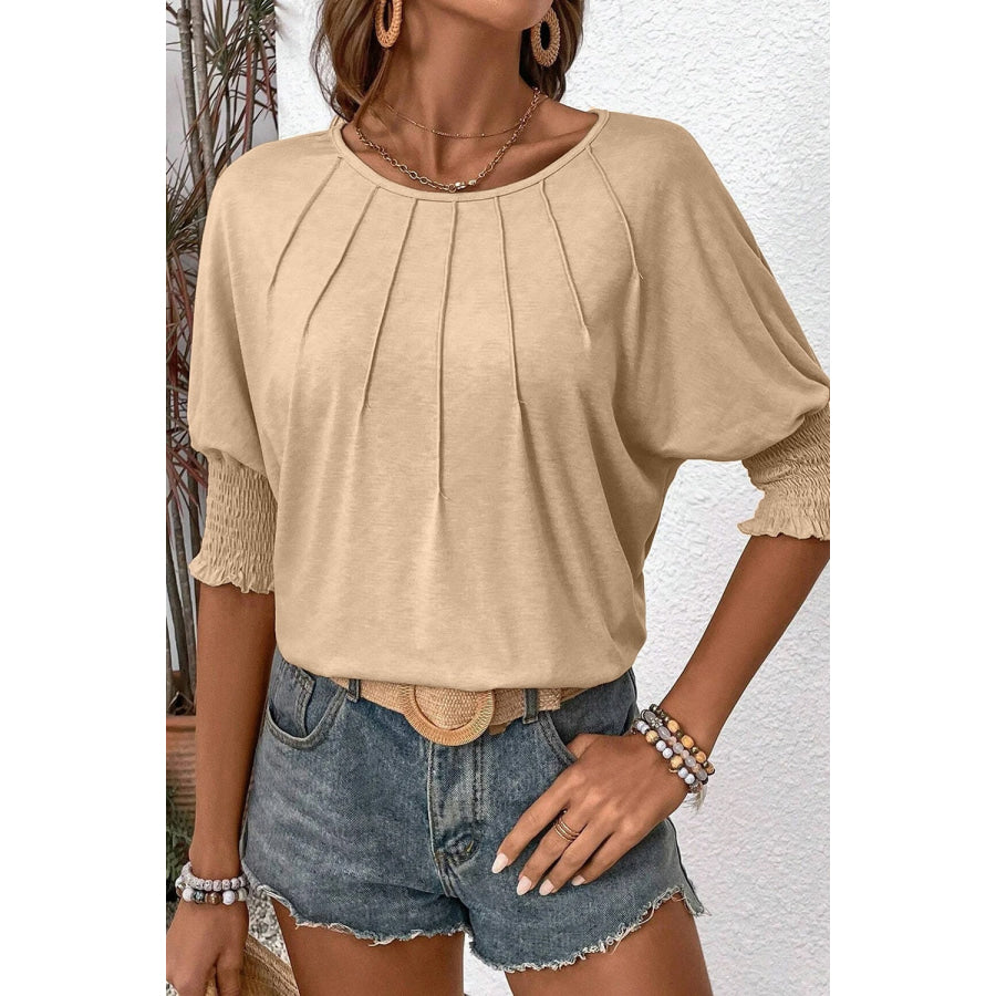 Round Neck Smocked Half Sleeve Top Dust Storm / S Apparel and Accessories