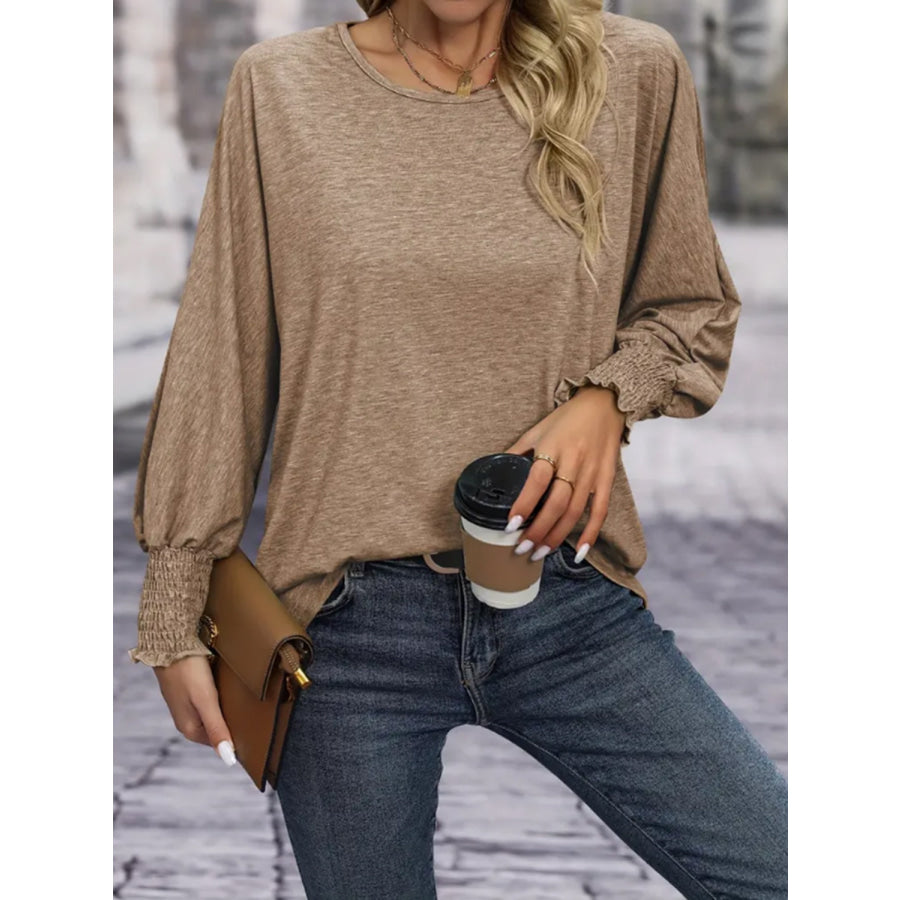 Round Neck Smocked Lantern Sleeve T-Shirt Apparel and Accessories