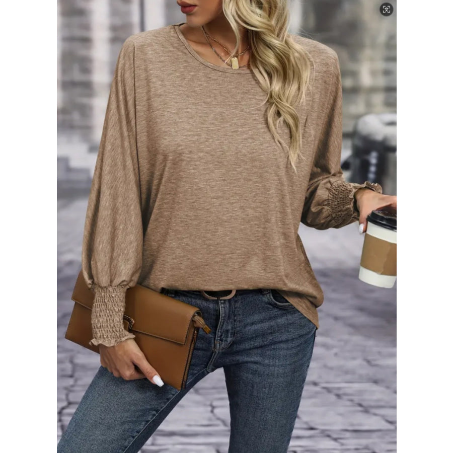 Round Neck Smocked Lantern Sleeve T-Shirt Apparel and Accessories