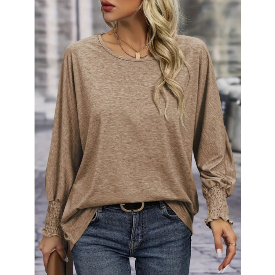 Round Neck Smocked Lantern Sleeve T-Shirt Camel / S Apparel and Accessories