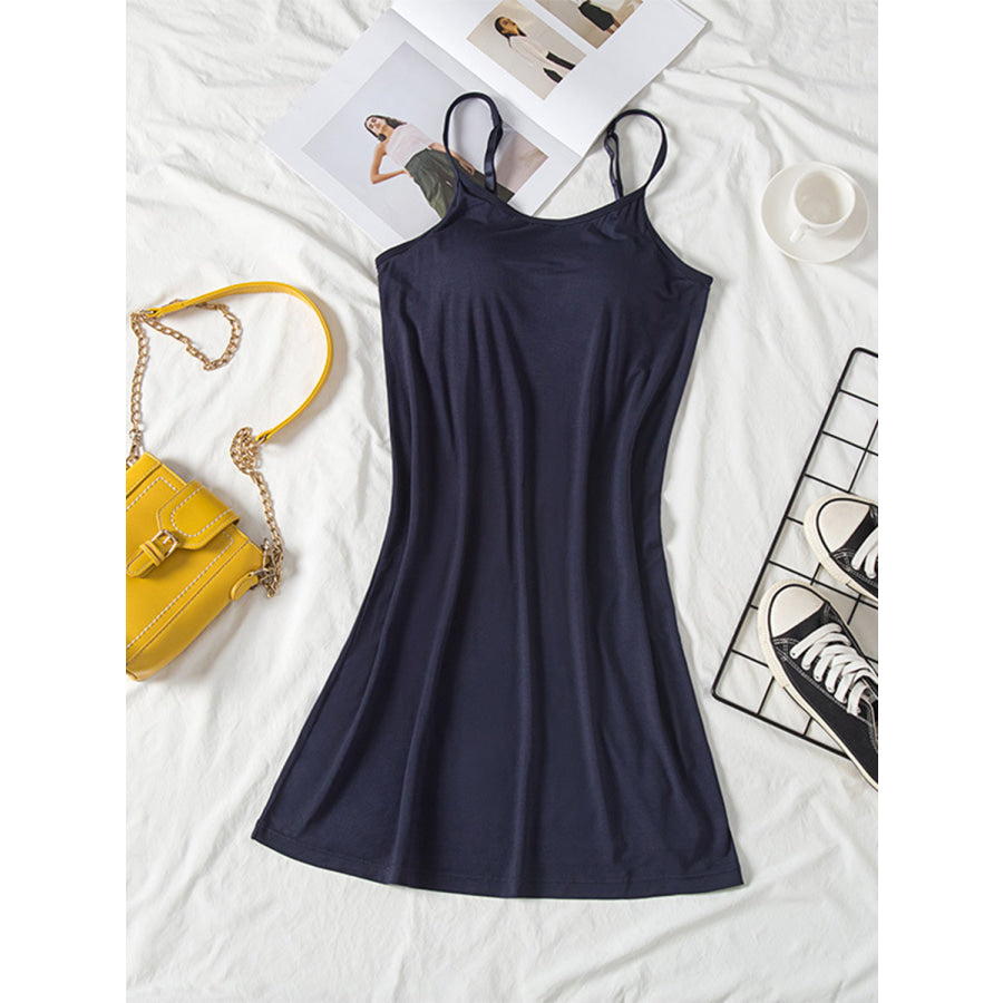 Round Neck Spaghetti Strap Cami Dress with Bra Dark Navy / M Apparel and Accessories