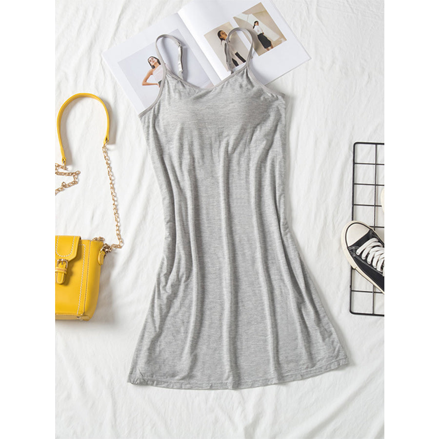 Round Neck Spaghetti Strap Cami Dress with Bra Gray / M Apparel and Accessories