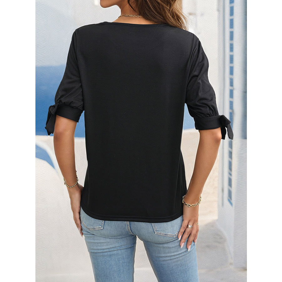 Round Neck Split Sleeve Blouse Black / S Apparel and Accessories