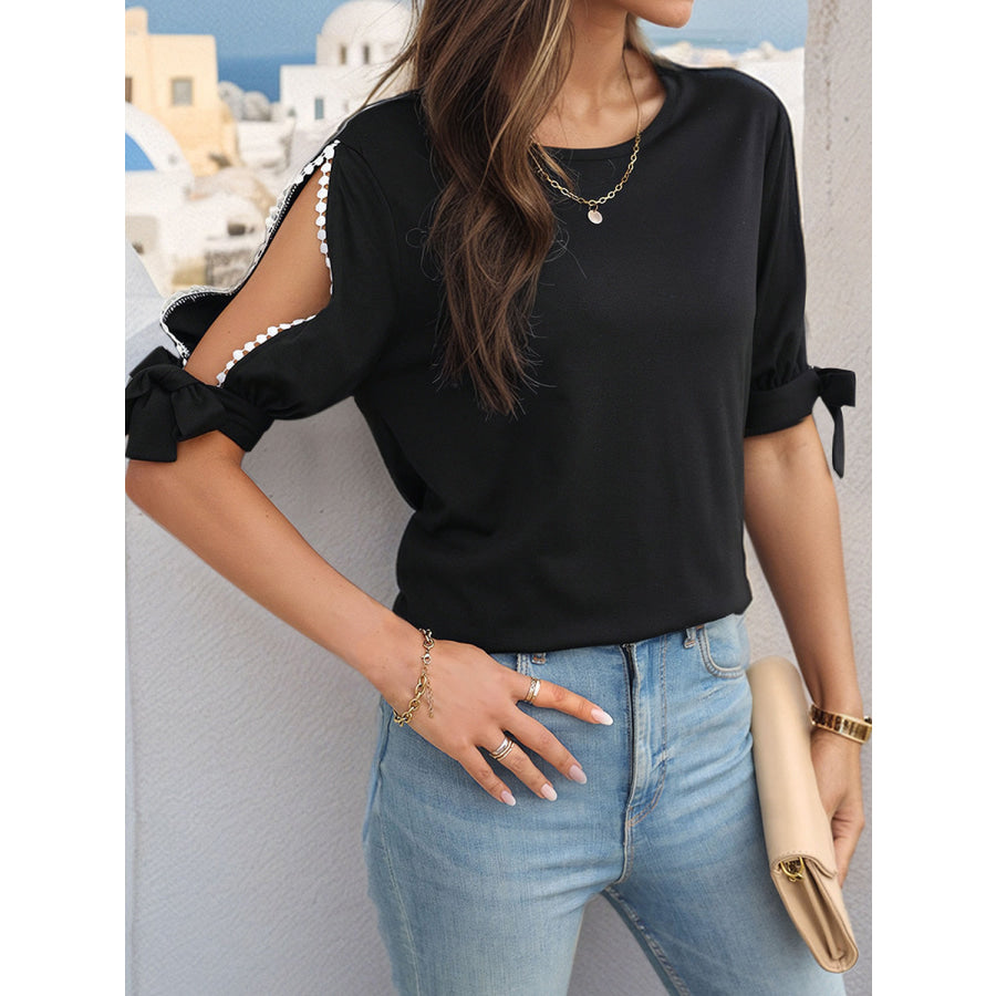 Round Neck Split Sleeve Blouse Black / S Apparel and Accessories