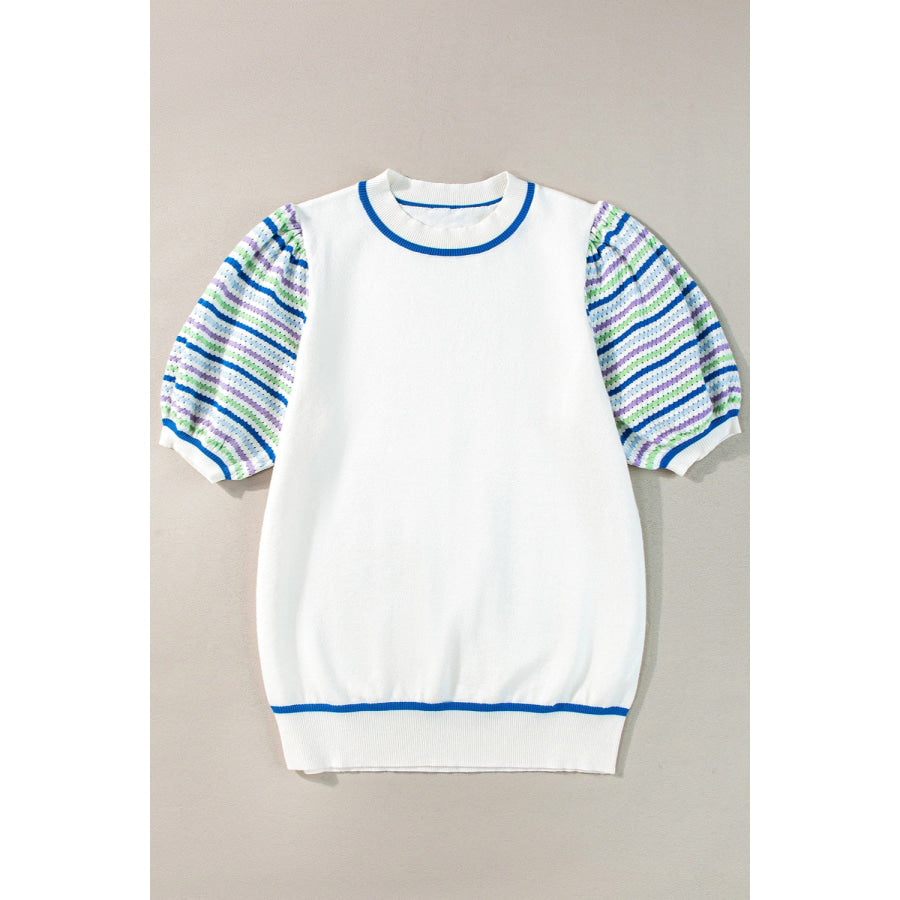 Round Neck Striped Half Sleeve Knit Top White / S Apparel and Accessories