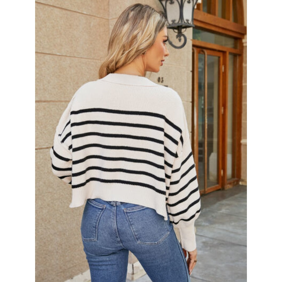 Round Neck Striped Lantern Sleeve Sweater Clothing