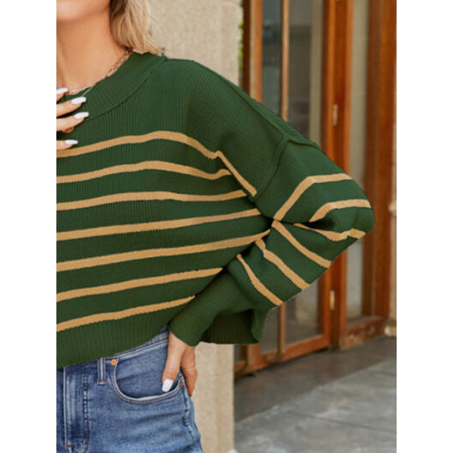 Round Neck Striped Lantern Sleeve Sweater Clothing