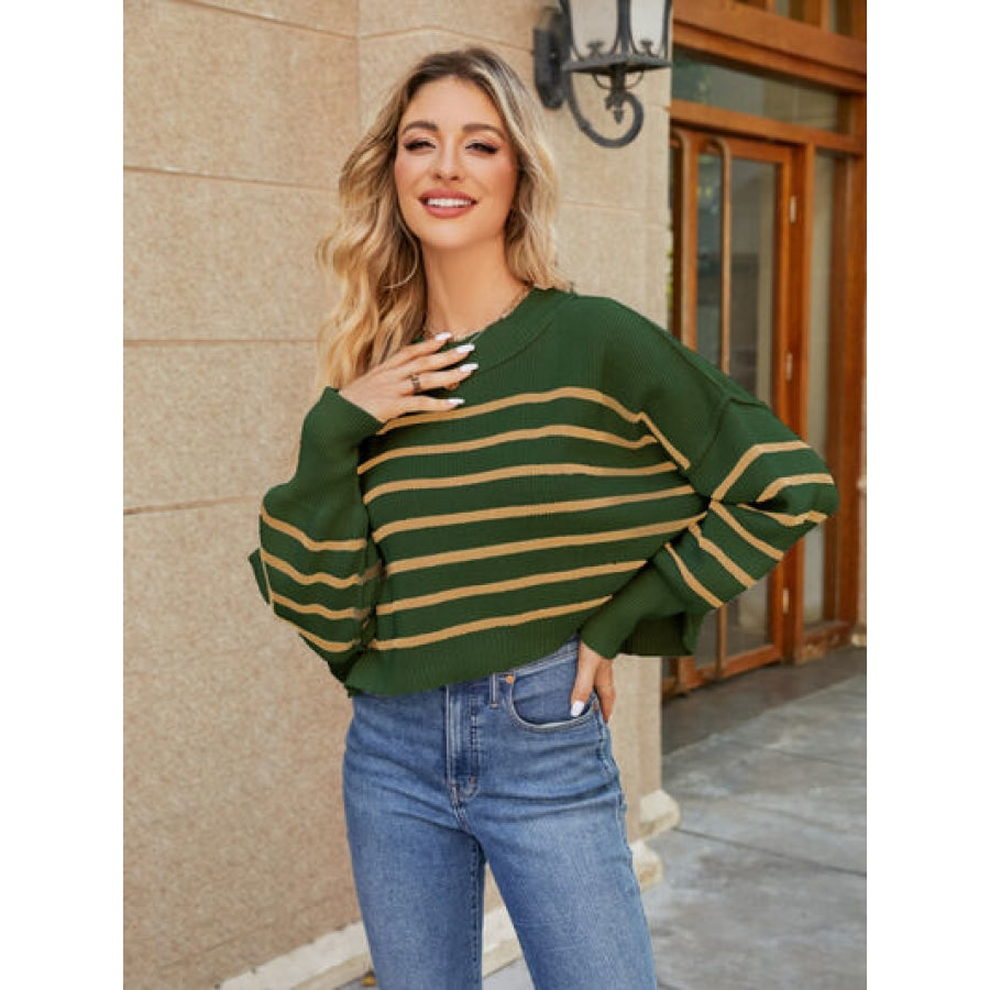 Round Neck Striped Lantern Sleeve Sweater Clothing