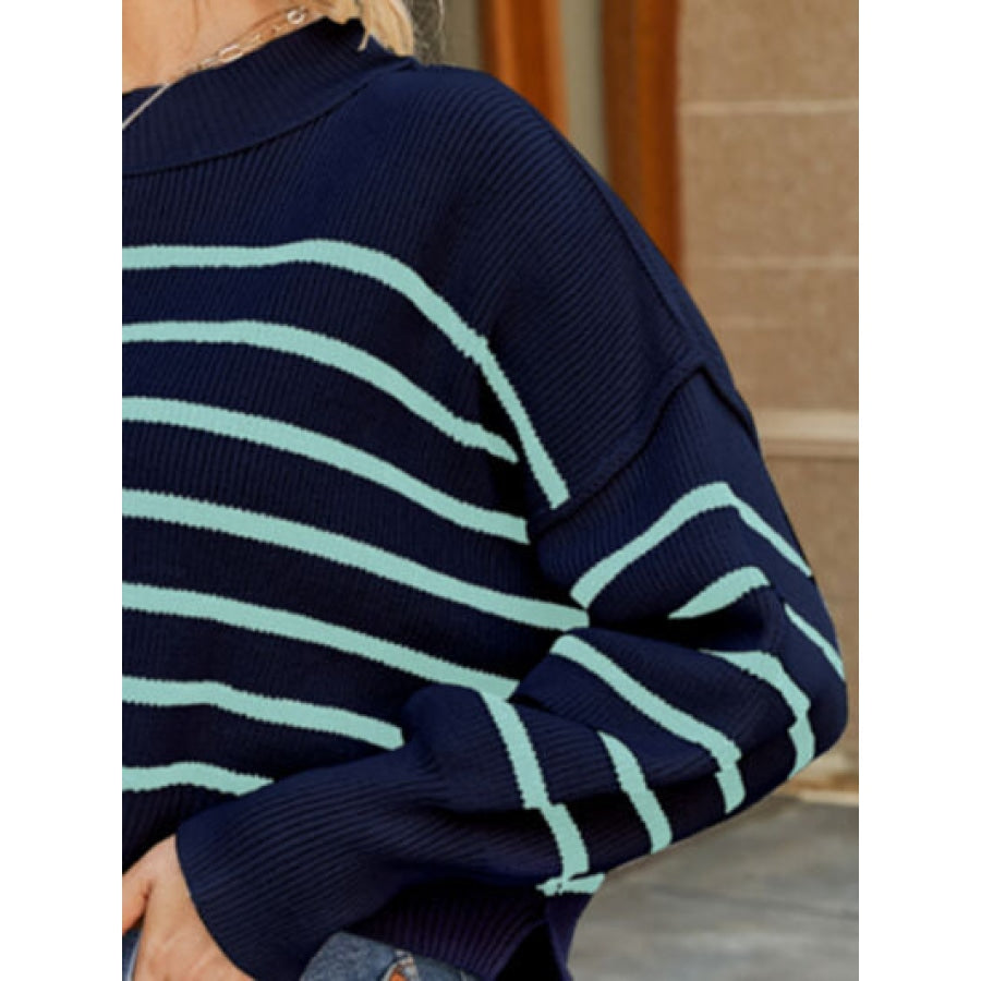 Round Neck Striped Lantern Sleeve Sweater Clothing