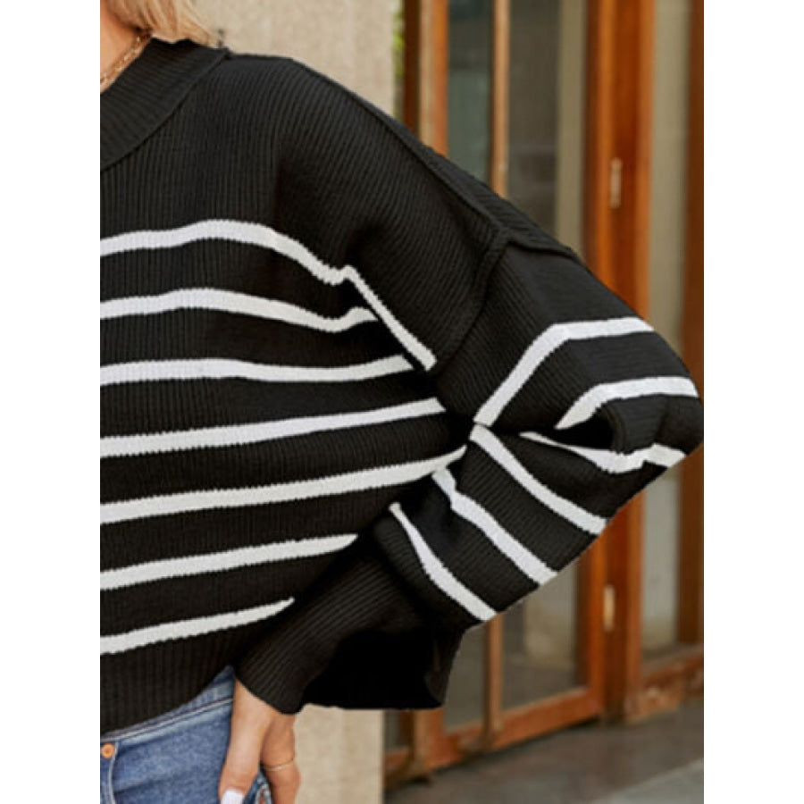 Round Neck Striped Lantern Sleeve Sweater Clothing