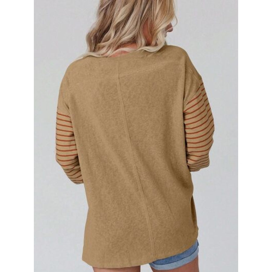 Round Neck Striped Long Sleeve Slit T-Shirt Clothing