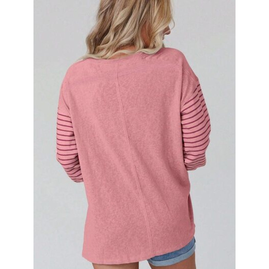 Round Neck Striped Long Sleeve Slit T-Shirt Clothing