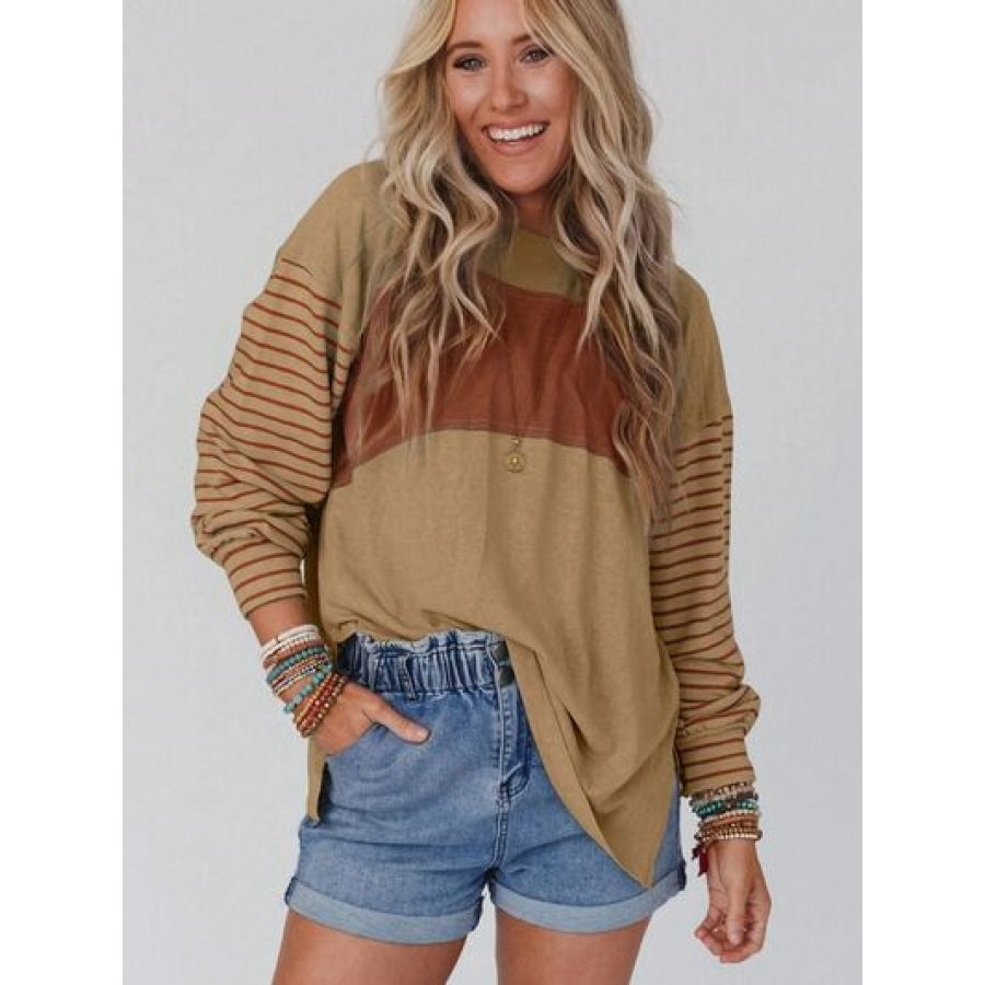 Round Neck Striped Long Sleeve Slit T-Shirt Clothing