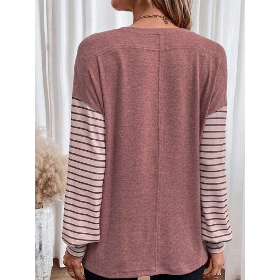 Round Neck Striped Long Sleeve Slit T-Shirt Clothing