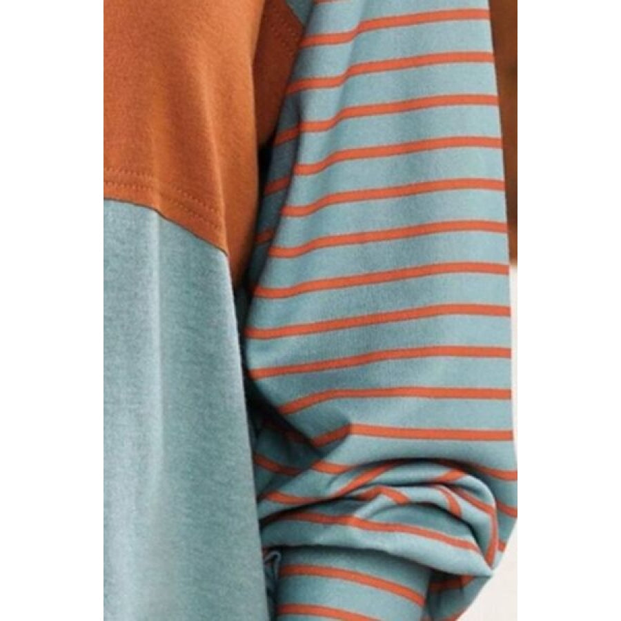 Round Neck Striped Long Sleeve Slit T-Shirt Clothing