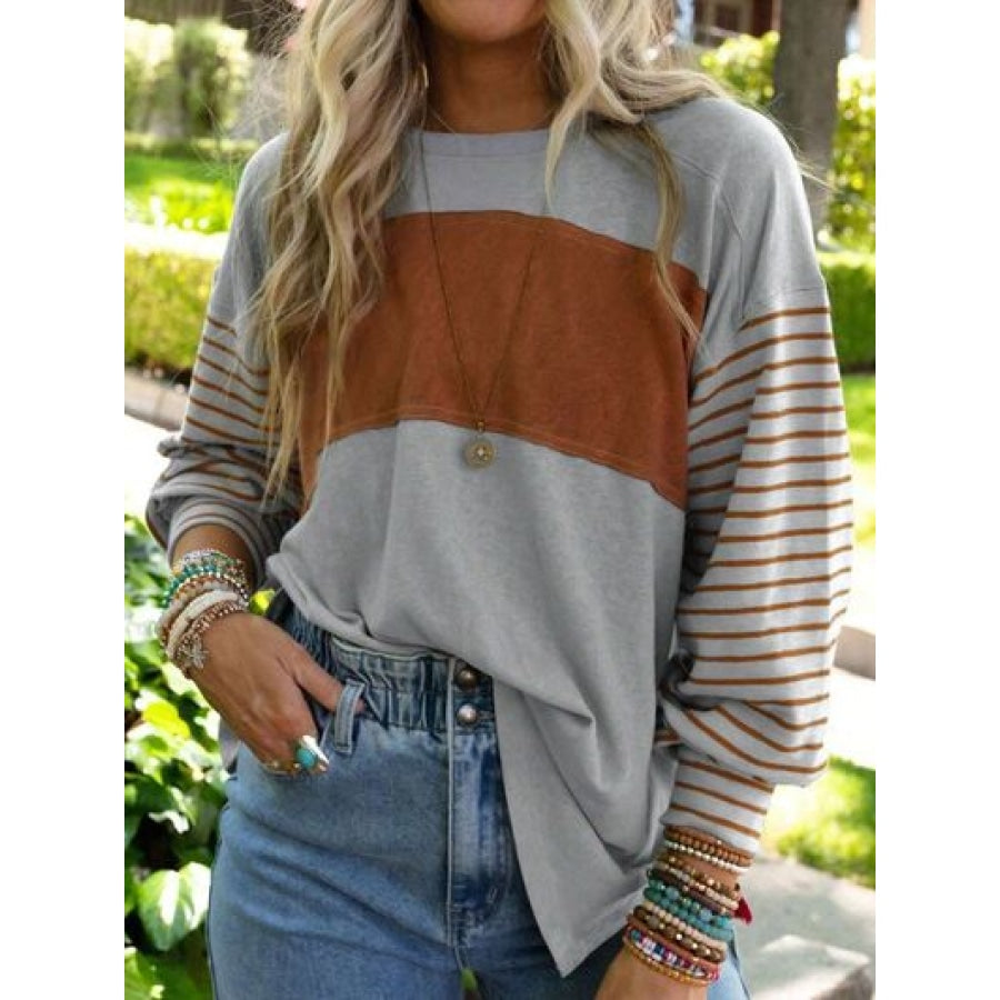 Round Neck Striped Long Sleeve Slit T-Shirt Clothing