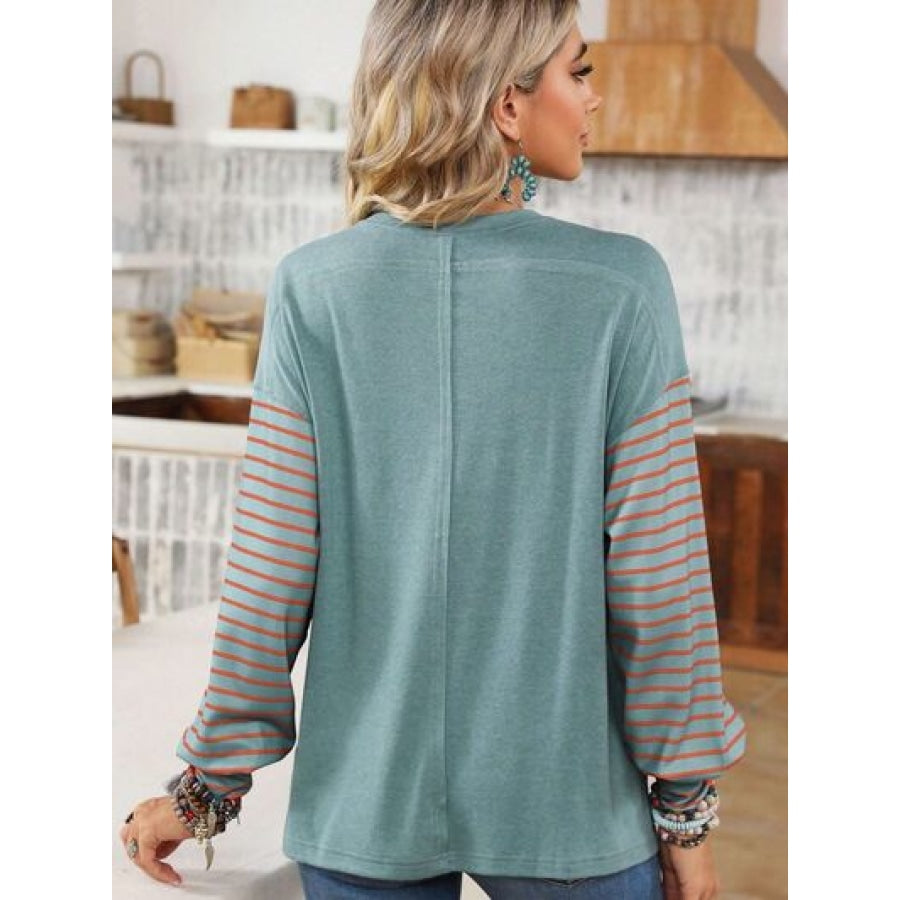 Round Neck Striped Long Sleeve Slit T-Shirt Clothing