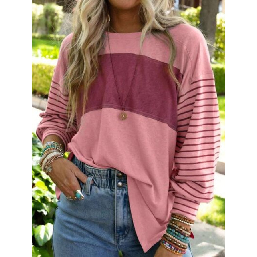 Round Neck Striped Long Sleeve Slit T-Shirt Clothing