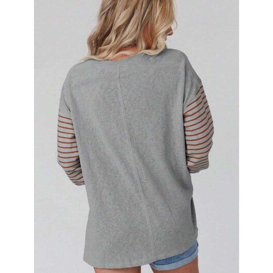 Round Neck Striped Long Sleeve Slit T-Shirt Clothing