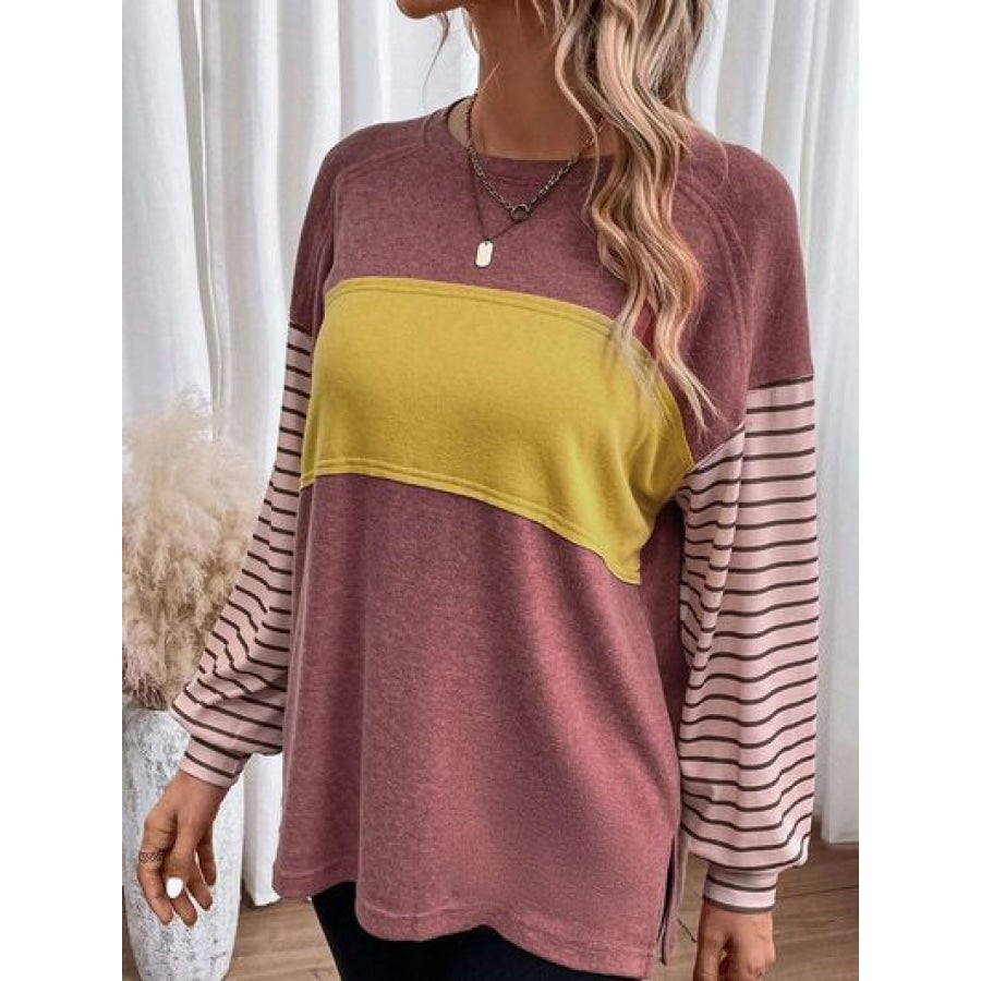 Round Neck Striped Long Sleeve Slit T-Shirt Clothing