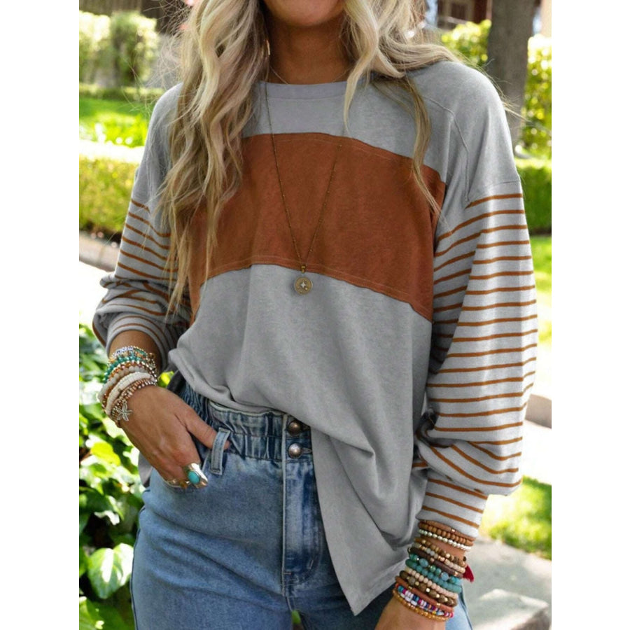 Round Neck Striped Long Sleeve Slit T-Shirt Heather Gray / 2XL Clothing