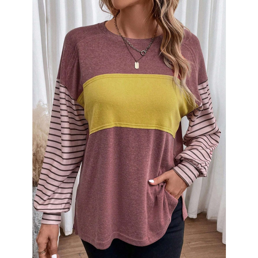 Round Neck Striped Long Sleeve Slit T-Shirt Light Mauve / 2XL Clothing