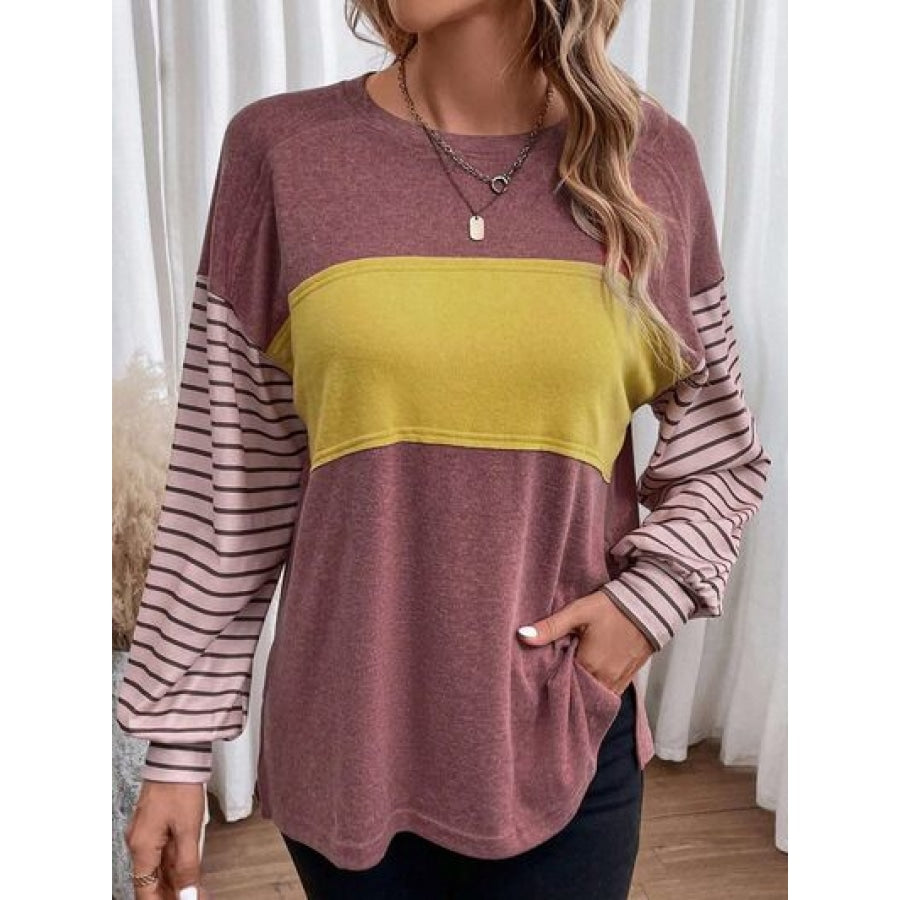 Round Neck Striped Long Sleeve Slit T-Shirt Light Mauve / S Clothing