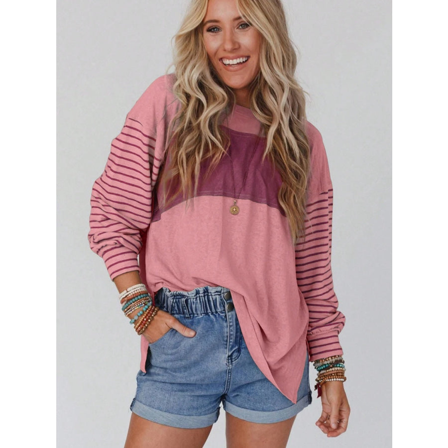 Round Neck Striped Long Sleeve Slit T-Shirt Moonlit Mauve / 2XL Clothing