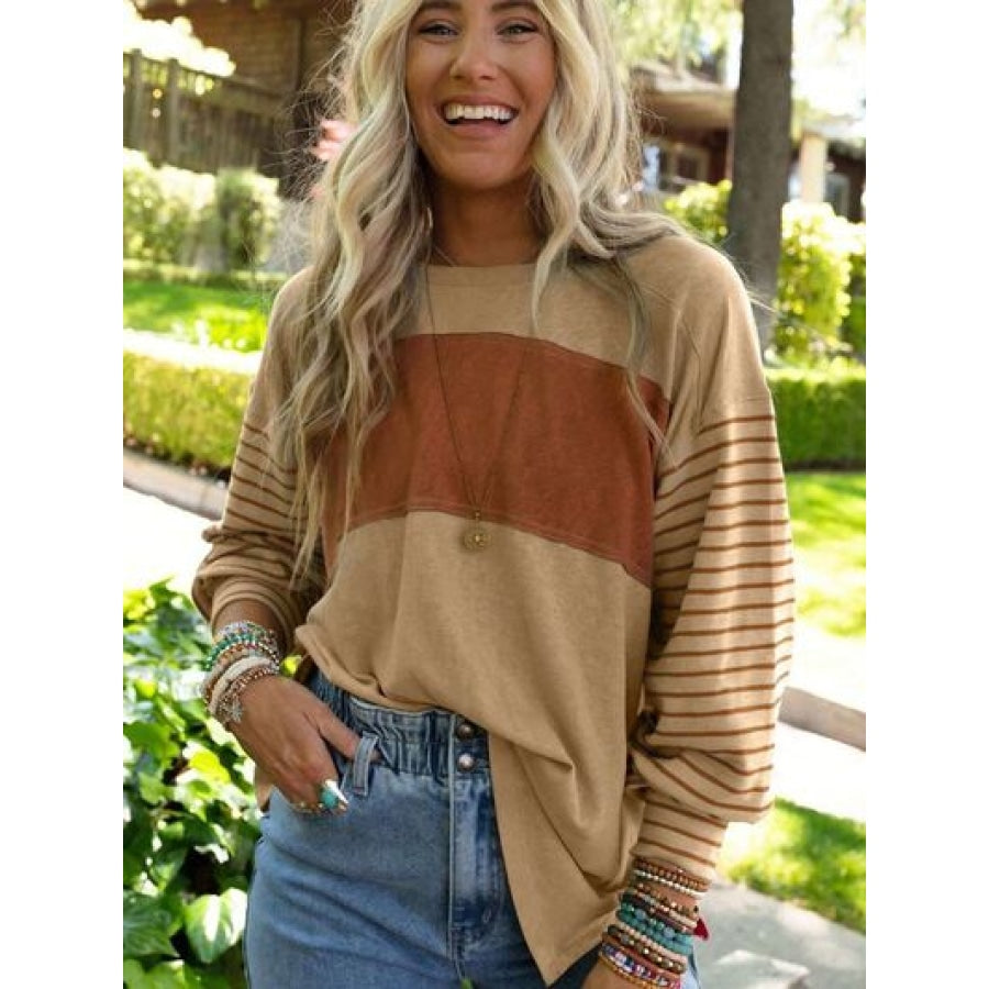 Round Neck Striped Long Sleeve Slit T-Shirt Tan / S Clothing