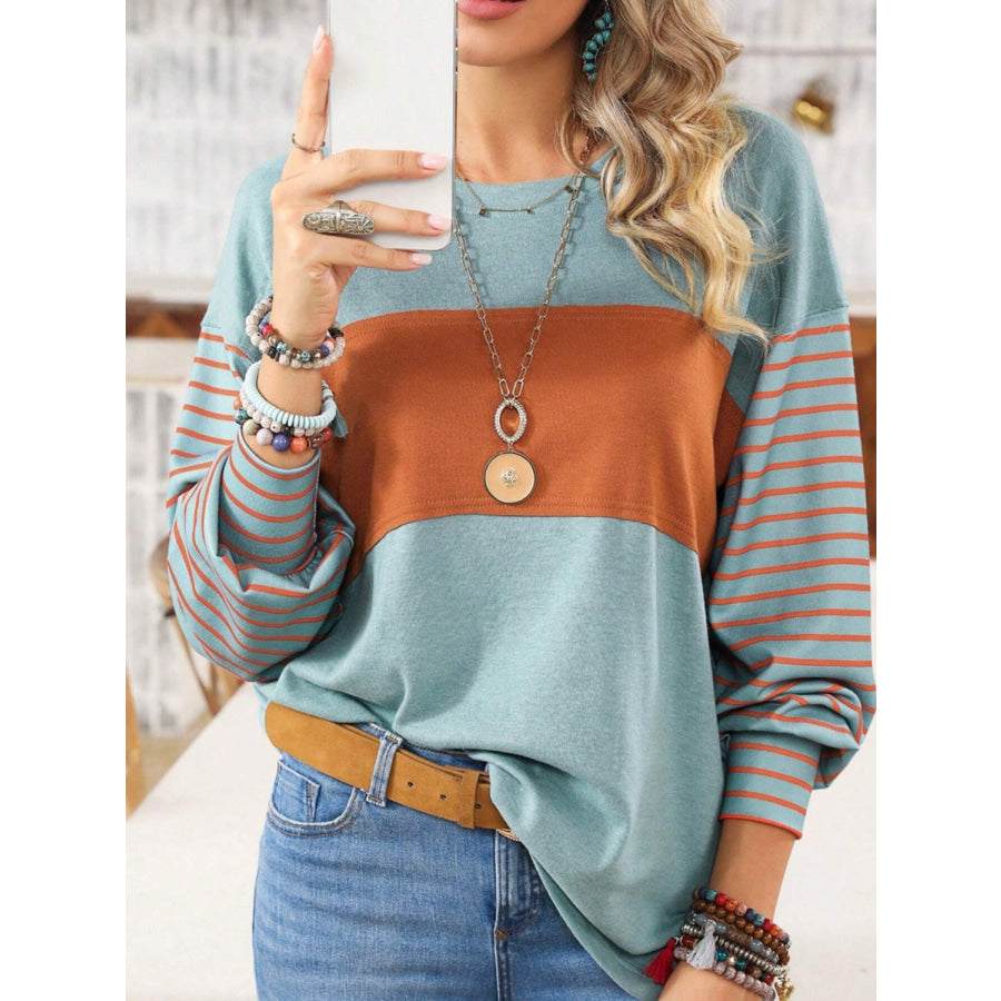 Round Neck Striped Long Sleeve Slit T-Shirt Turquoise / 2XL Clothing