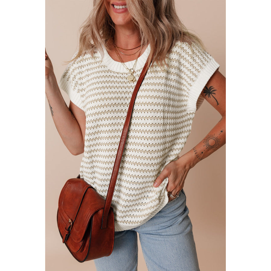 Round Neck Striped Sweater Vest Beige / S Apparel and Accessories