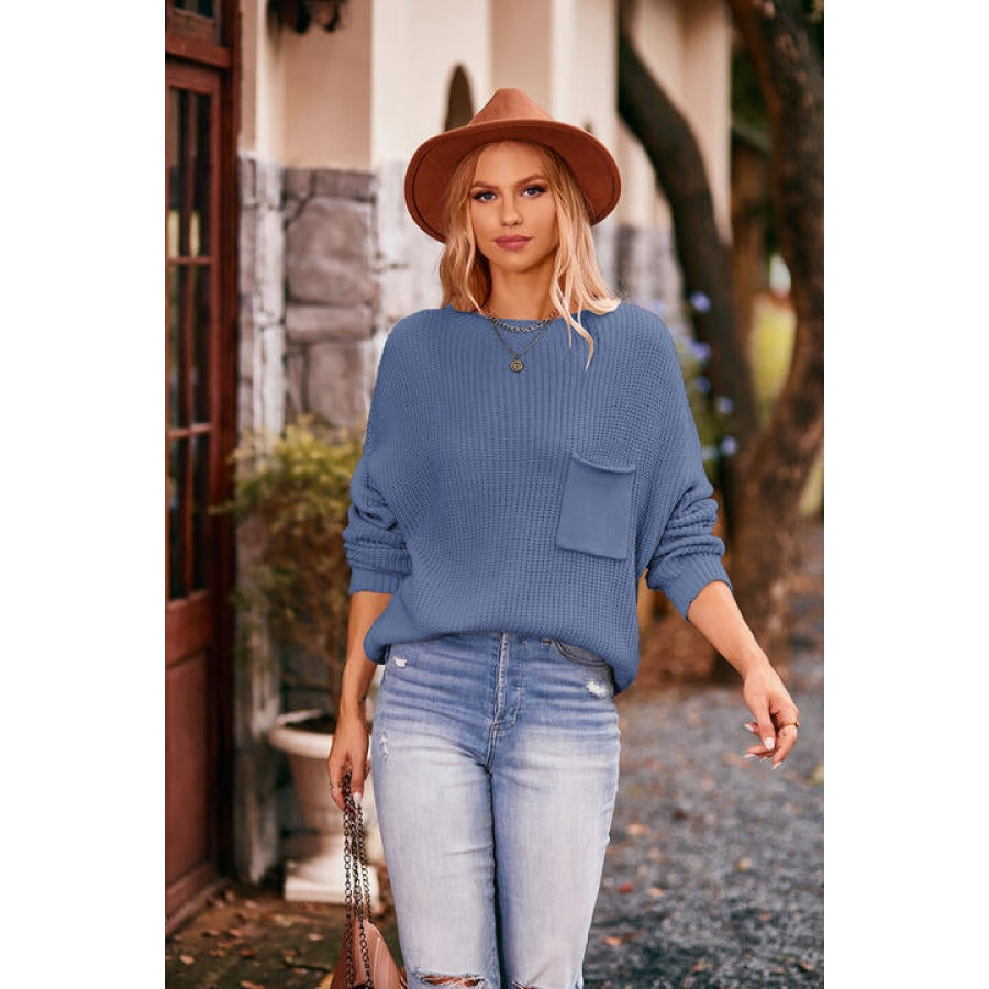 Round Neck Sweater with Pocket Cobalt Blue / S