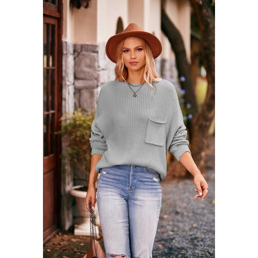 Round Neck Sweater with Pocket Heather Gray / S