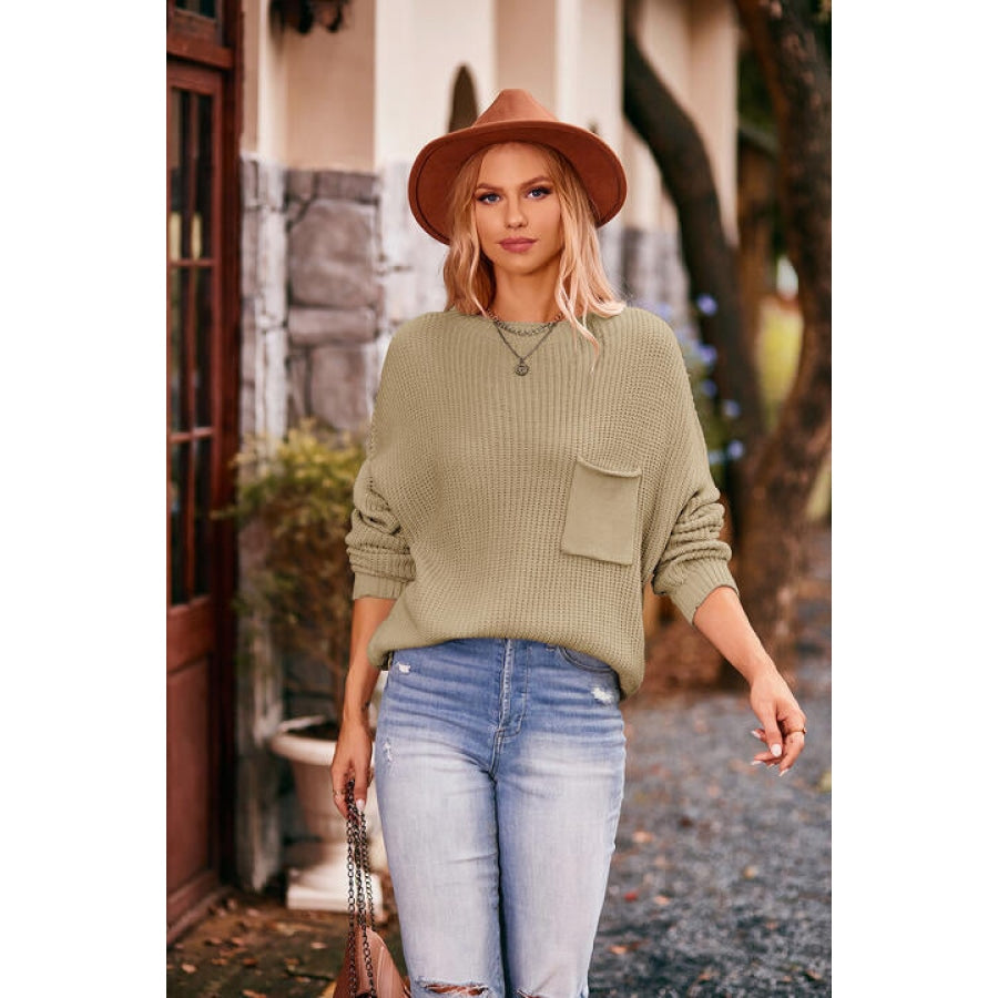 Round Neck Sweater with Pocket Mist Green / S