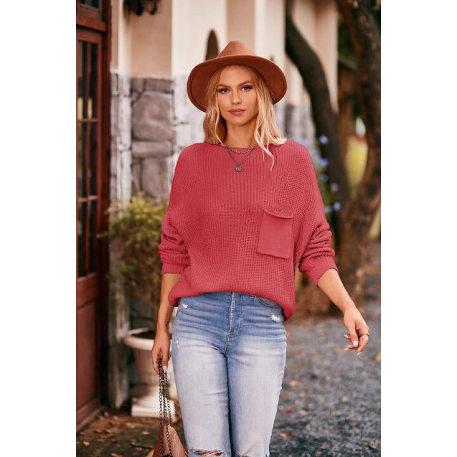 Round Neck Sweater with Pocket Red / S