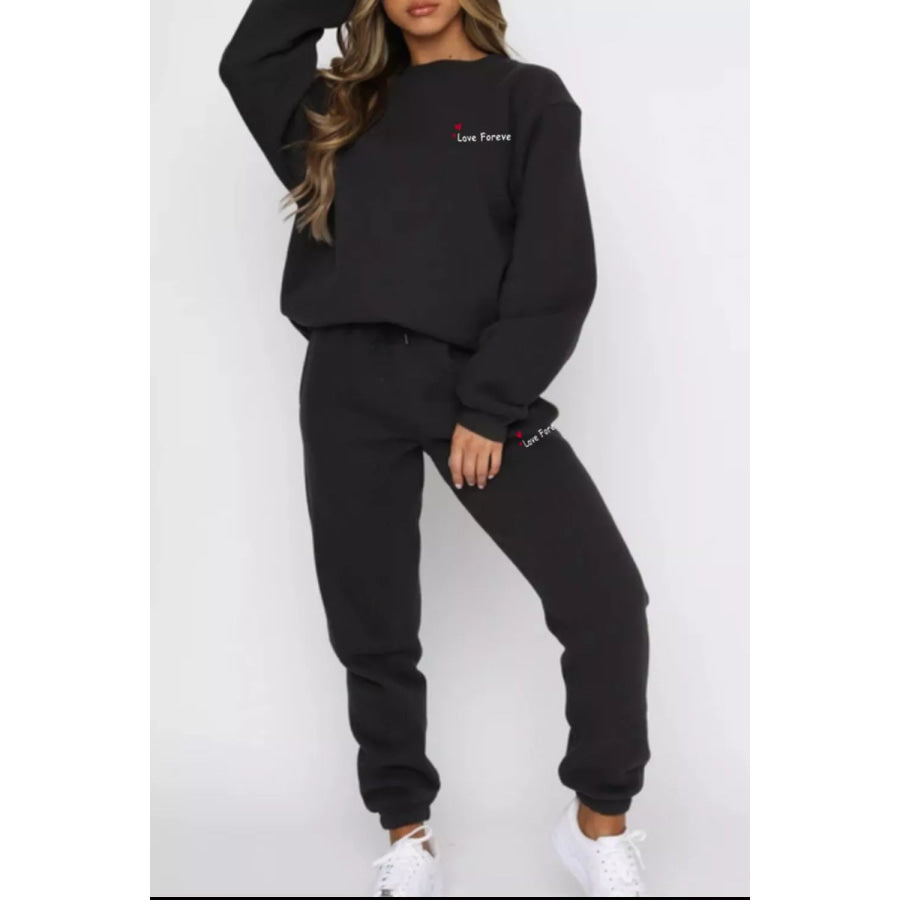Round Neck Sweatshirt and Joggers Set Black / S Apparel and Accessories