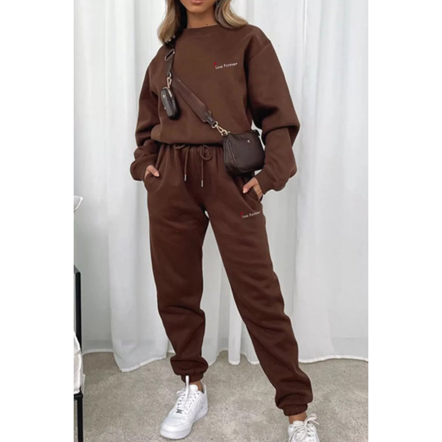 Round Neck Sweatshirt and Joggers Set Brown / S Apparel and Accessories