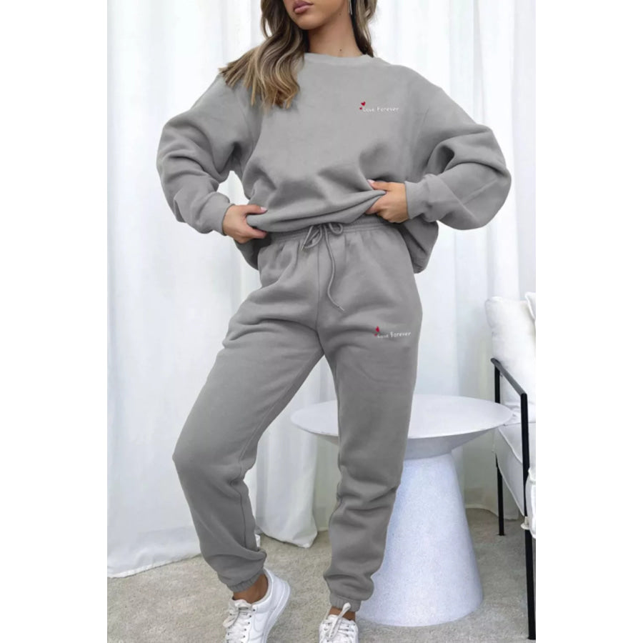 Round Neck Sweatshirt and Joggers Set Gray / S Apparel and Accessories