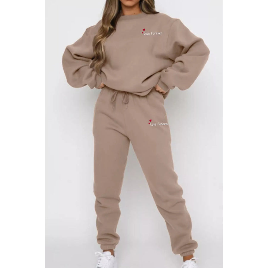 Round Neck Sweatshirt and Joggers Set Khaki / S Apparel and Accessories