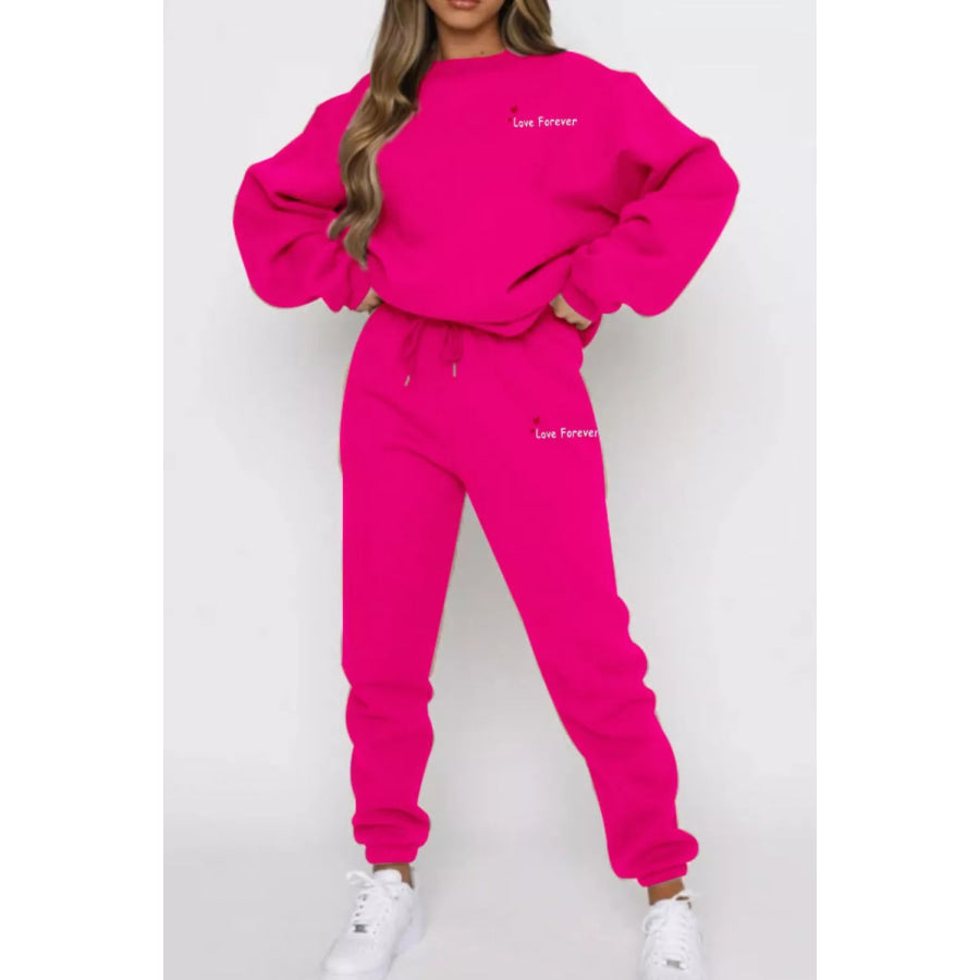 Round Neck Sweatshirt and Joggers Set Rose Red / S Apparel and Accessories