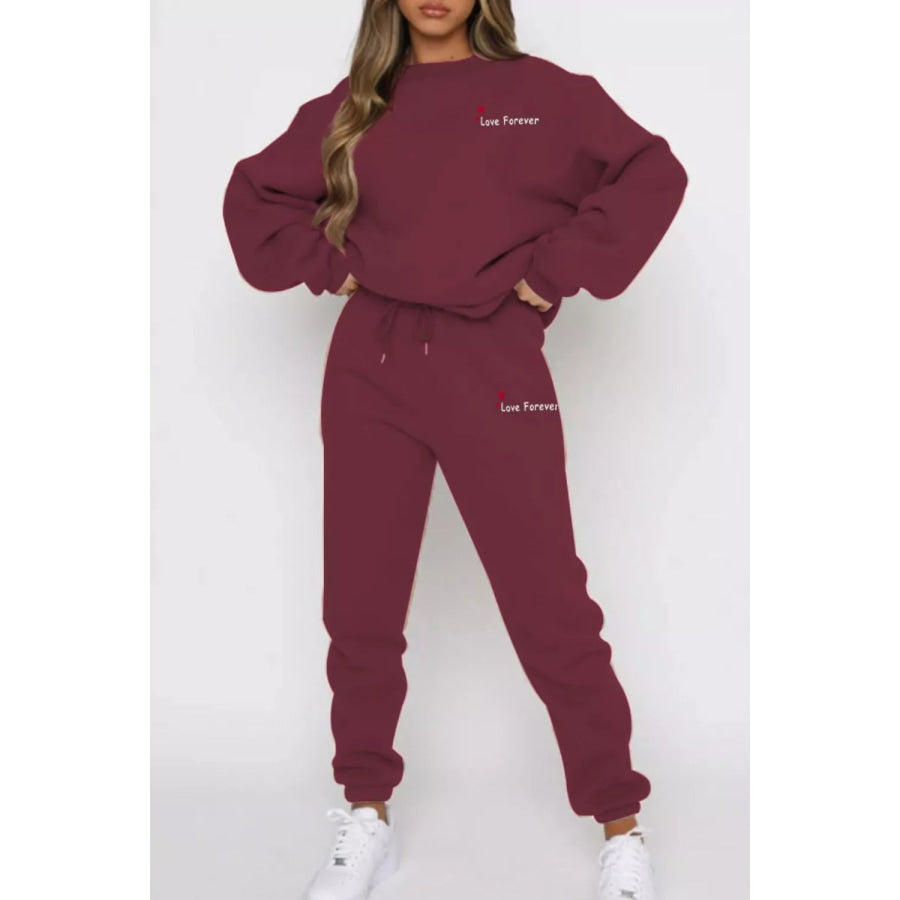 Round Neck Sweatshirt and Joggers Set Wine Red / S Apparel and Accessories