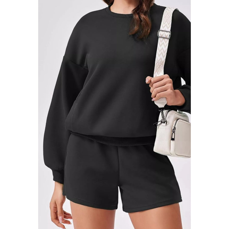 Round Neck Sweatshirt and Shorts Set Black / S Apparel and Accessories