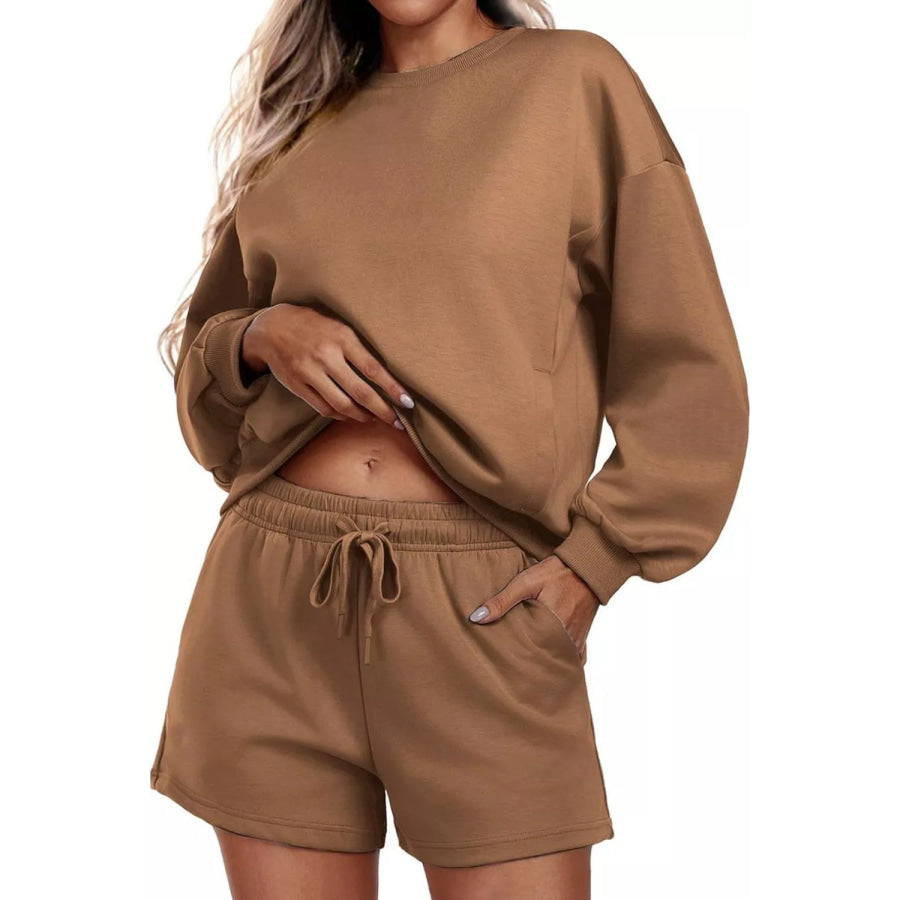 Round Neck Sweatshirt and Shorts Set Caramel / S Apparel and Accessories