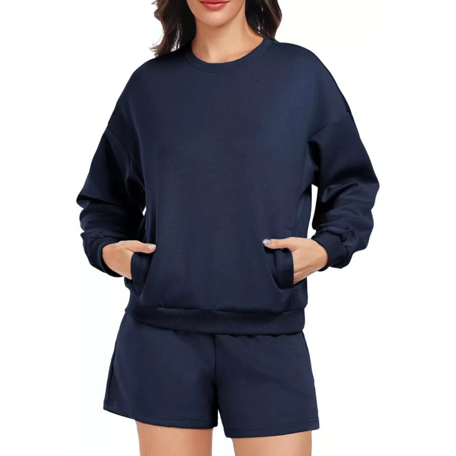 Round Neck Sweatshirt and Shorts Set Dark Blue / S Apparel and Accessories