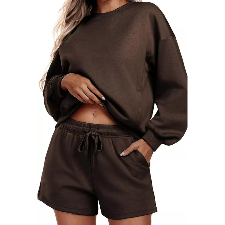 Round Neck Sweatshirt and Shorts Set Dark Brown / S Apparel and Accessories
