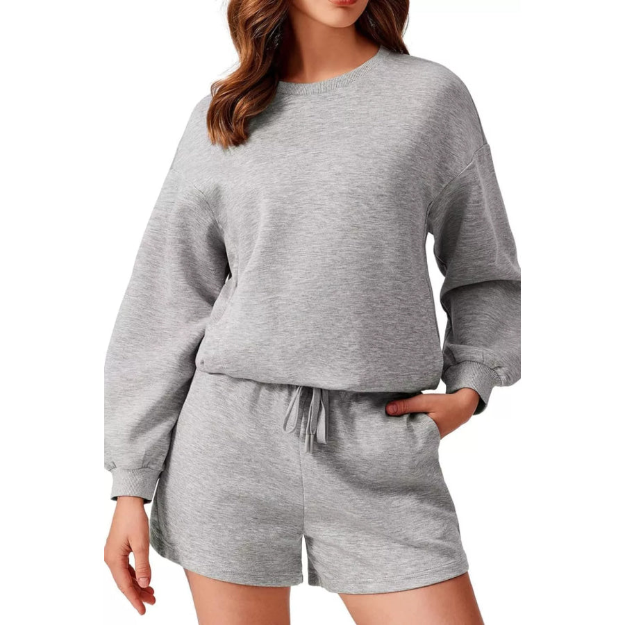 Round Neck Sweatshirt and Shorts Set Light Gray / S Apparel and Accessories