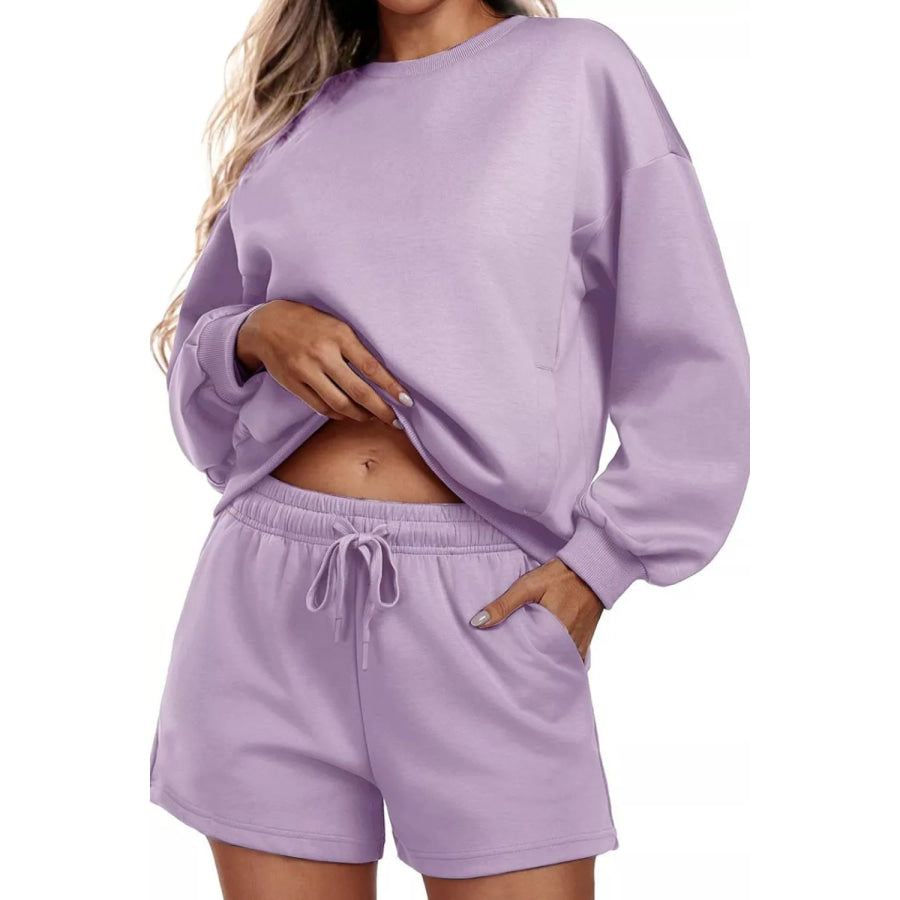 Round Neck Sweatshirt and Shorts Set Pink Purple / S Apparel and Accessories